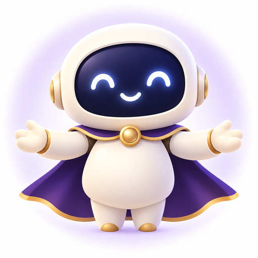 Amorti logo: a friendly cream robot in a purple cape